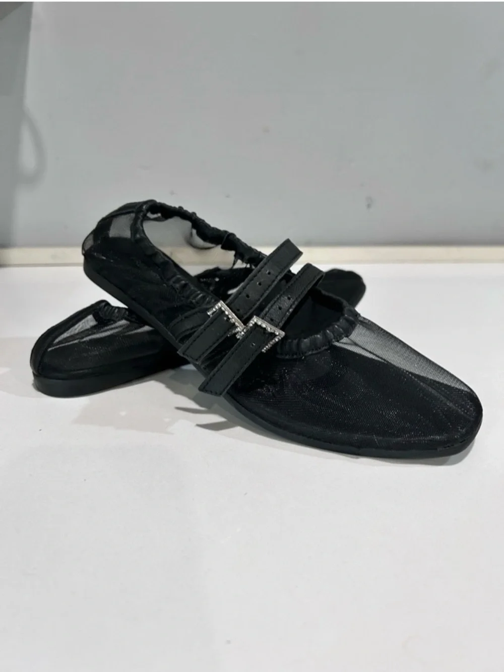 Free people Black Square-Toe Mary Jane Flats with Crystal Buckle Straps